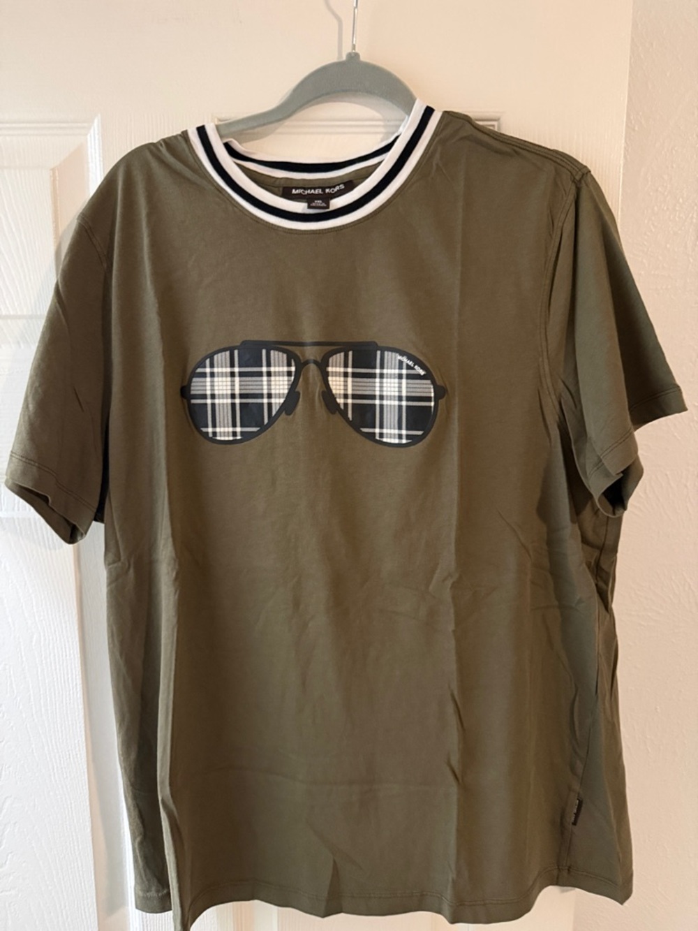 Michael Kors Olive Tee with Plaid Sunglasses Graphic